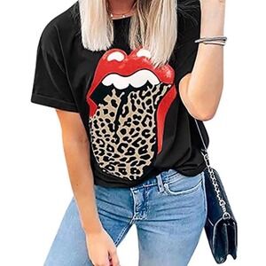 Women Red Lip Leopard Tongue T-Shirt Short Sleeve Cute Graphic Teen  Top Sz XL